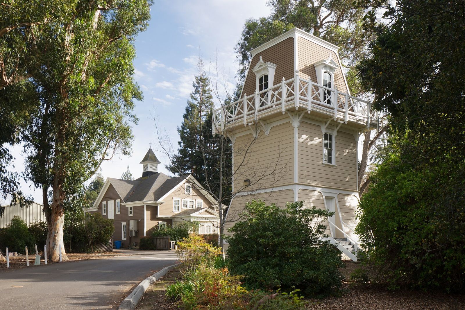 The historic water tower and carriage house at Holbrook-Palmer Park, Atherton