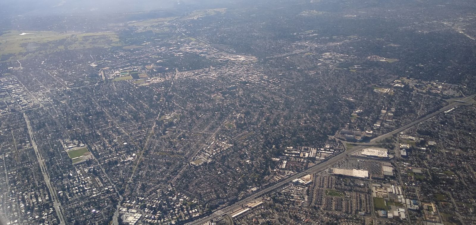 Aerial view of Palo Alto and the Stanford foothills
